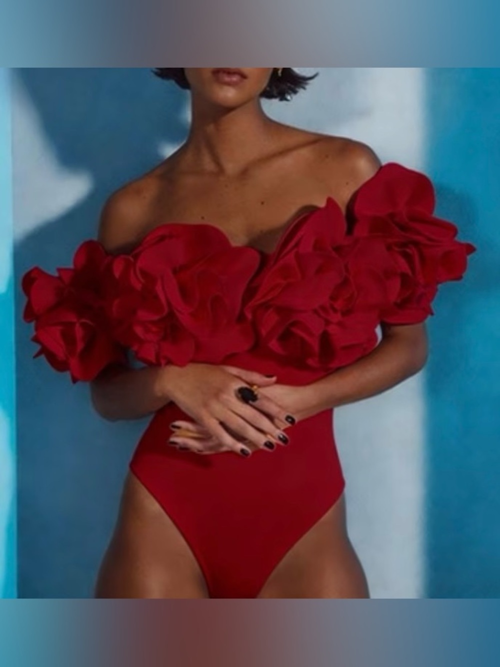 Red Floral Ruffle One-Piece Swimsuit